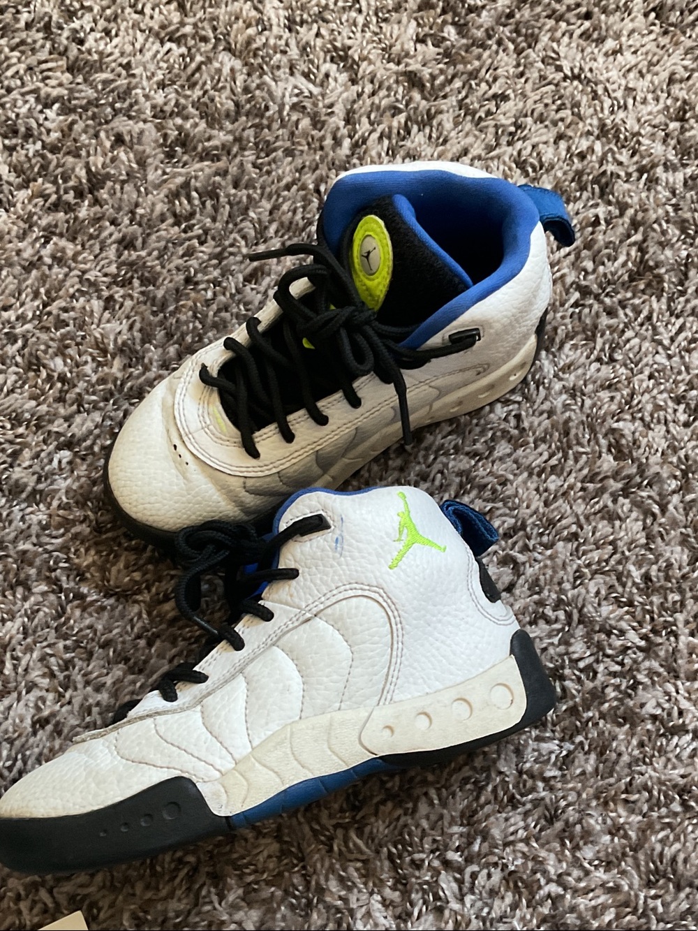 Jordan Kids White Blue Sneakers with Neon Green Jumpman